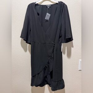 Black Asymmetrical Flutter Sleeve Wrap Dress